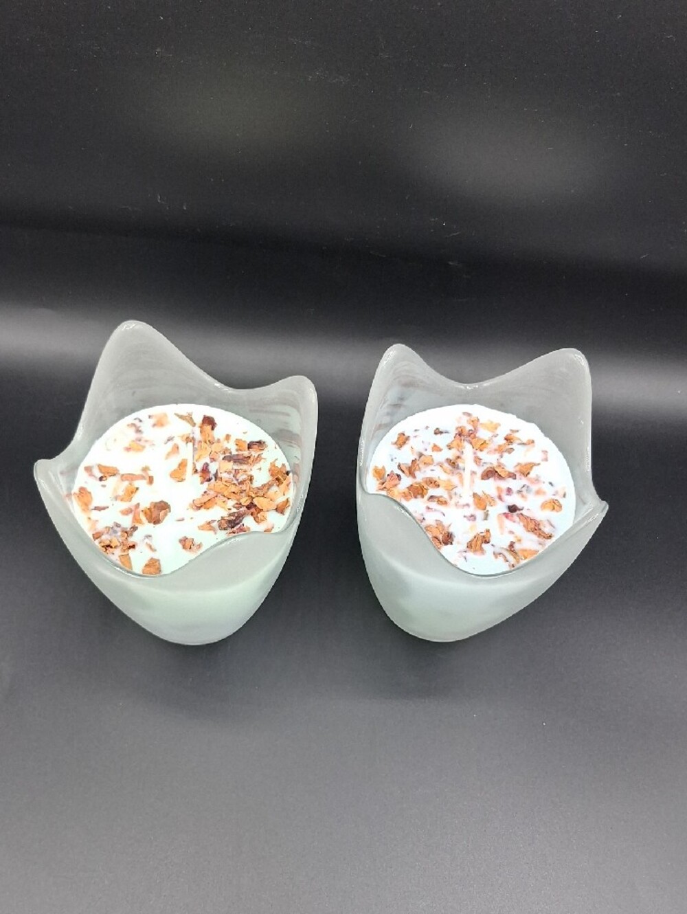 Sandlewood Home Made Soy Frosted Glass Tulip Candle Pair with Rose Petal Top - Picture 2 of 2